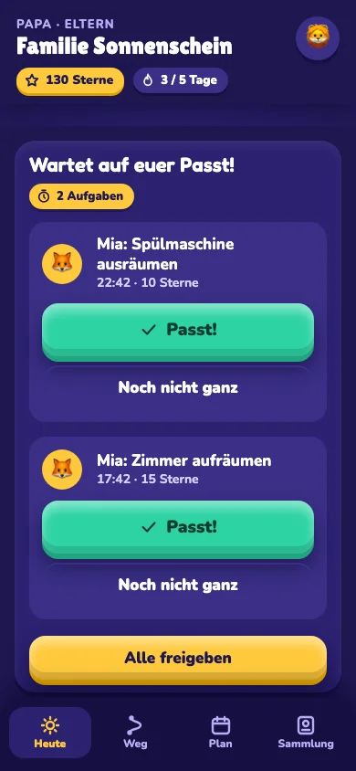 Eltern bestätigen erledigte Aufgaben mit Passt!