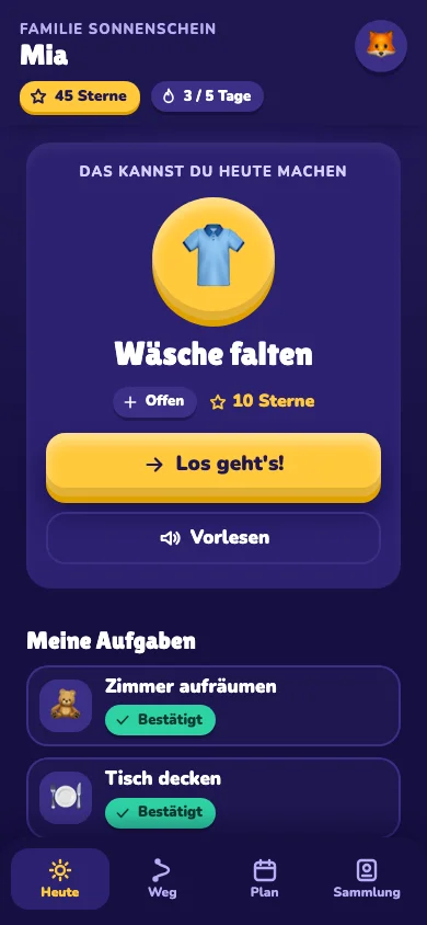 Die Heute-Ansicht eines Kindes in der App